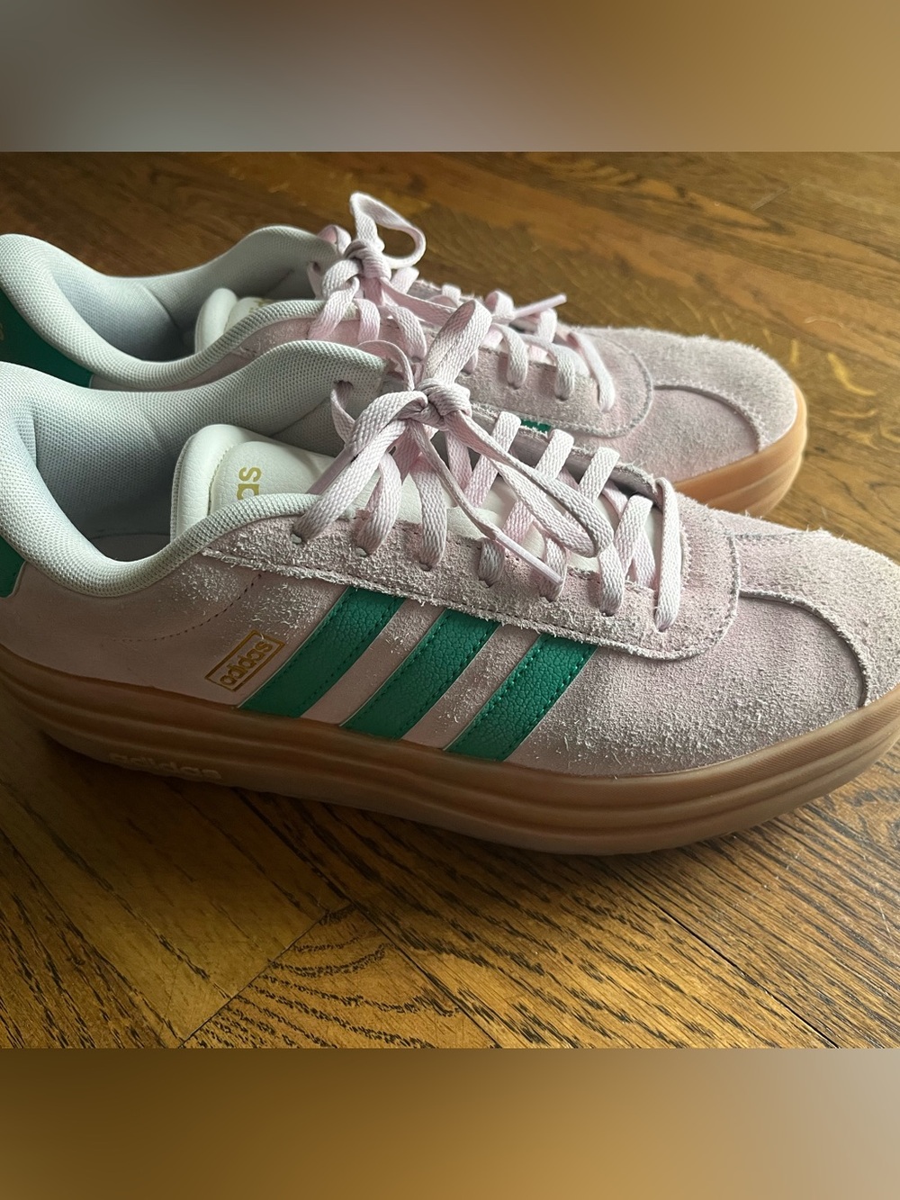 adidas Women’s Pink Suede Platform Sneakers with Green Stripes